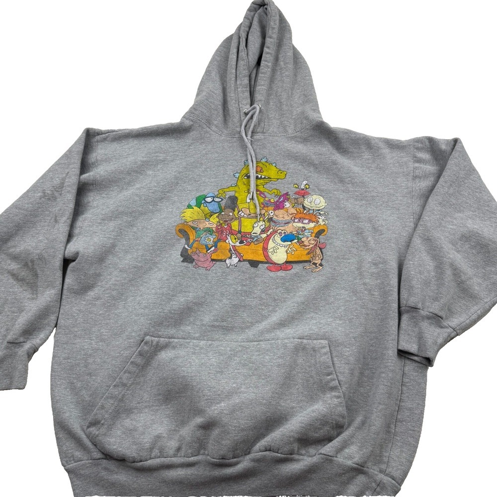 VTG Life Hoodie‎ Unisex 2XL Gray Retro Nickelodeon Cartoon Ren Stimpy Rugrats